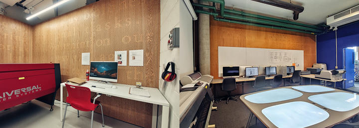 Photographs of the Fabrication Lab (left) and Digital Classroom (right).